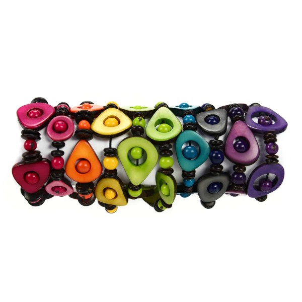 Showing all the different colors that the josefina bracelet can come in, those colors are, magenta, pink, orange, lime, green, turquoise, grey, purple, and violet.