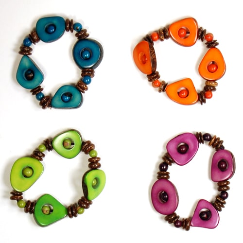 A picture of four different colored bracelets, those colors are turquoise, orange, lime, and purple.