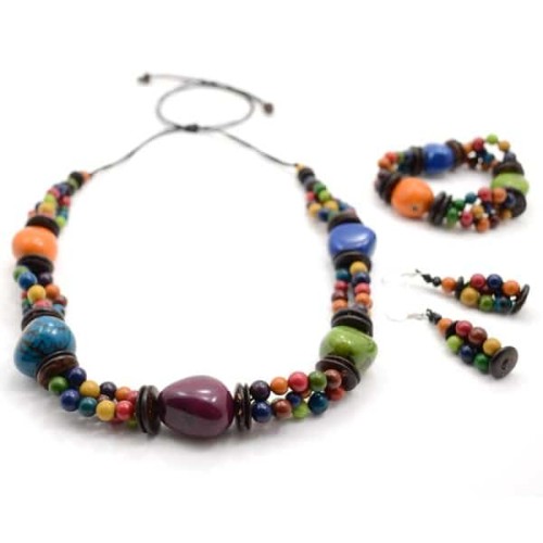 A picture of the brightly colored enigma set, made from tgua coconut and acai beads.