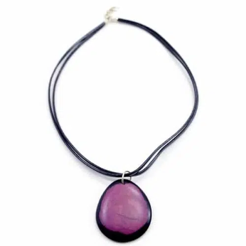 A picture of A double leather necklace, with a tagua seed hanging from it, the tagua seed comes in a verity of colors, this one is purple.