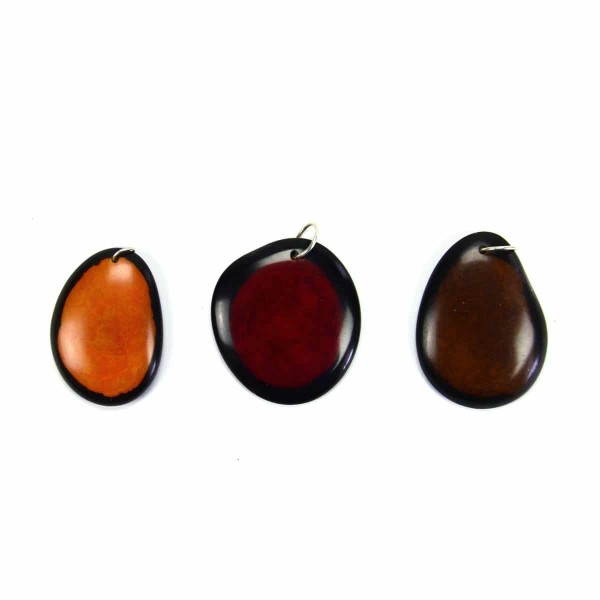 A picture of just the tagua seeds, there colors are orange, red, and brown.