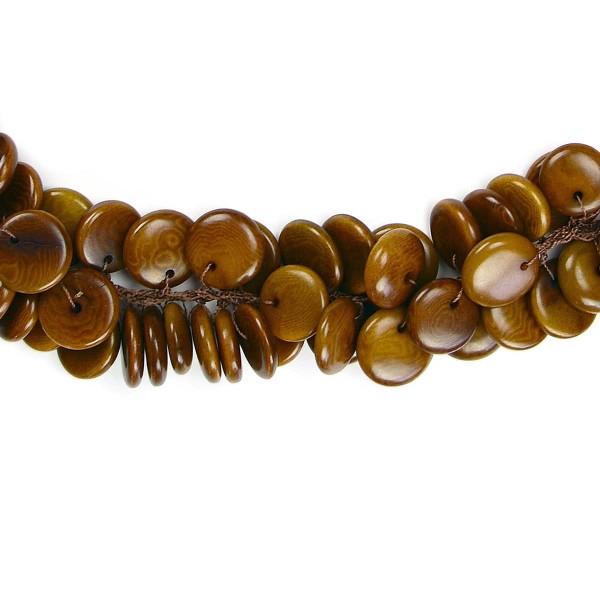 A close up picture of the brown tagua crocheted necklace.