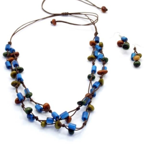A picture of the knotted cylinder set, made from richly dyed tagua beads.