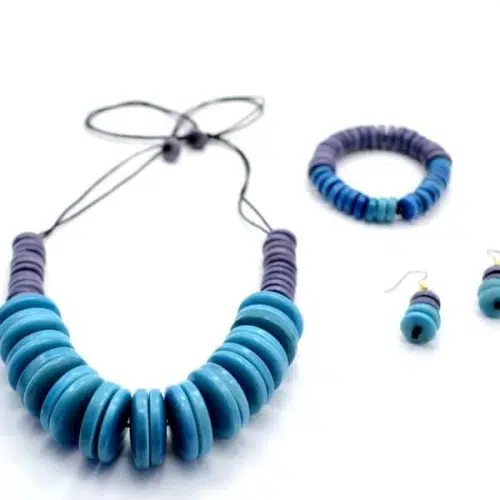 A picture of the blue coin set made from tagua pieces that are shaped into coins.
