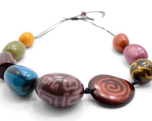 A picture of the batiki necklace, has a verity of different beads.