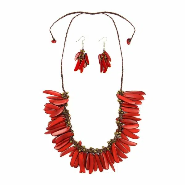 A close up picture of the red feathers necklace.