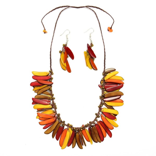 A close up picture of the fall feathers necklaces, the colors in this picture are, yellow, red, brown and orange.