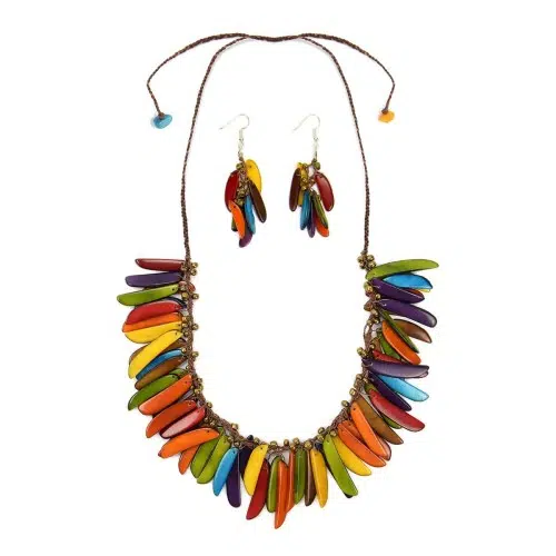 A close up picture of the multi feather necklace.