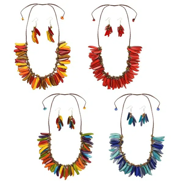 A picture of four different feather necklace, the colors in this picture are, fall, red, multi, and blue.