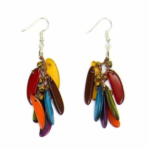 A close up picture of the feather earrings, coming in the color multi.