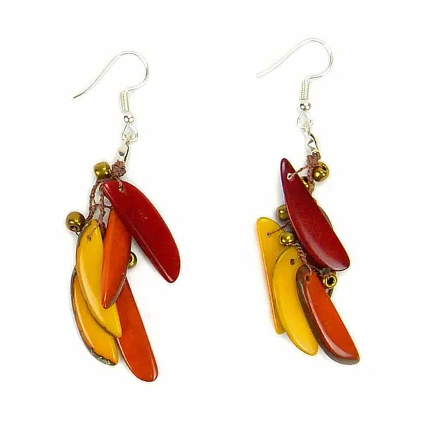 A close up picture of the feather earrings, coming in the color red/yellow.