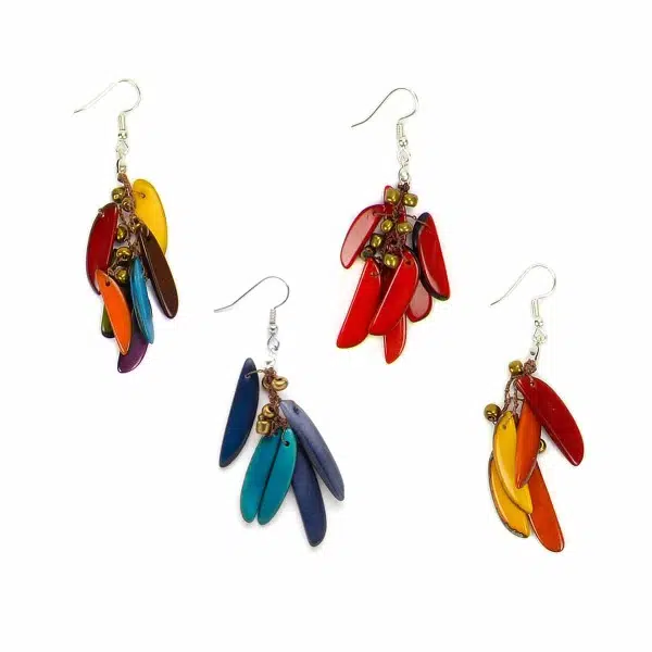 A picture of A bunch of different feather earrings, coming in a verity of different colors that the feather earrings can come in, the colors in this picture are, multi, blue, red, and red/yellow.