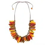A close up picture of the fall feathers necklaces, the colors in this picture are, yellow, red, brown and orange.