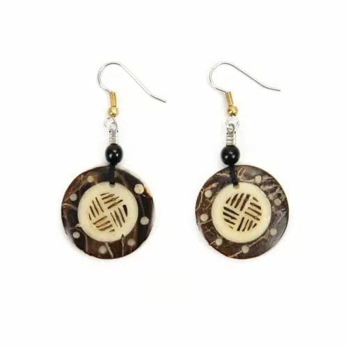 A picture tagua totem earrings, that has a bunch of geometric and pre- columbian designs.