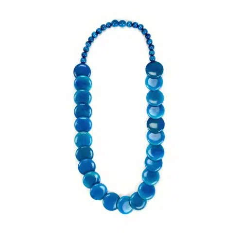 A close up picture of the silhouette necklace, this necklace comes in a verity of colors. The color of this necklace is blue.