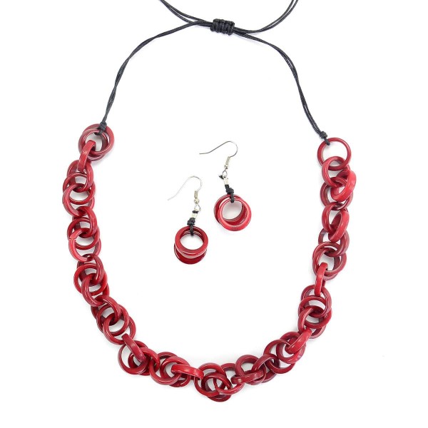 A picture of the red heliz set made from tagua links in a very chic tagua chain.