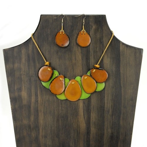 A picture of the nine slice set, made from slices of tagua. Comes in a verity of colors, this picture shows the brown and green set.