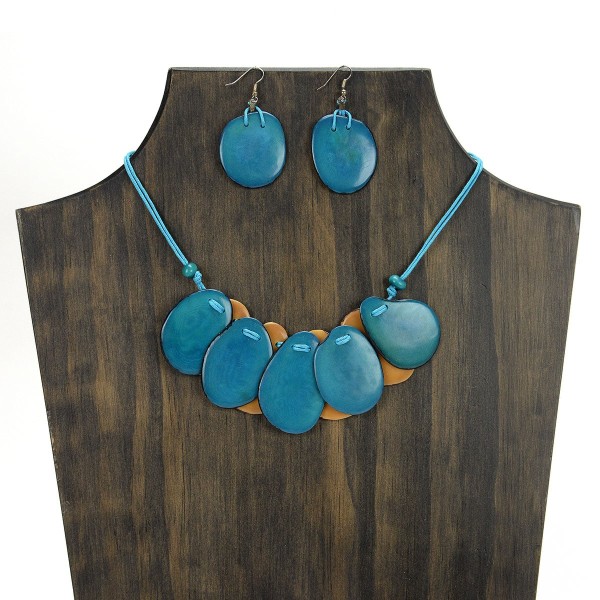 A picture of the nine slice set, made from slices of tagua. Comes in a verity of colors, this picture shows the turquoise and brown set.