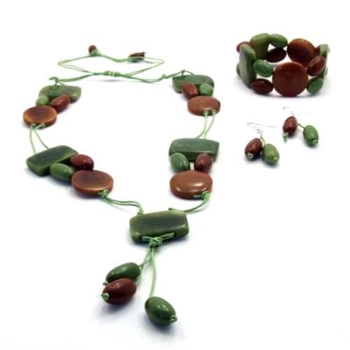 A earthy set colored brown and green, made from tagua. this set includes bracelet, necklace, earrings.