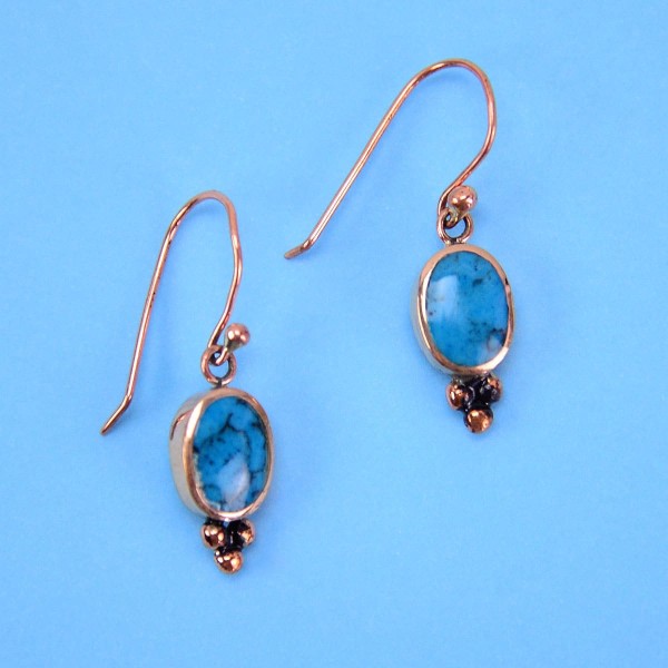 Bronze earrings with oval stone, the stone is turquoise.