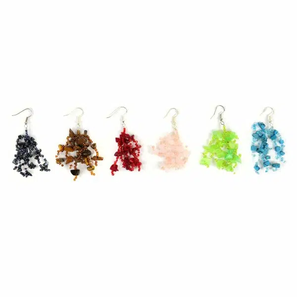 A picture of all the different abundant stone earrings, they come in colors of, black, brown, red, pink, green, and turquoise.
