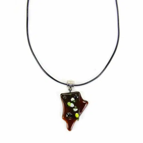 A close up picture of the recycled glass necklace, the piece of glass is brown in this picture.