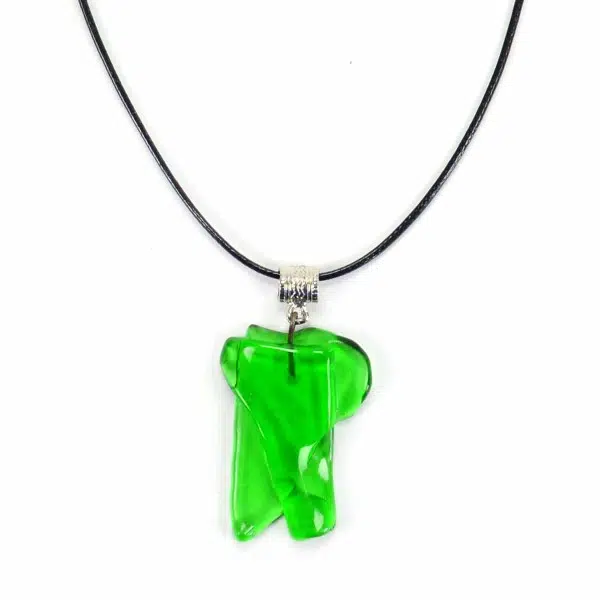A close up picture of the recycled glass necklace, the piece of glass is green in this picture.