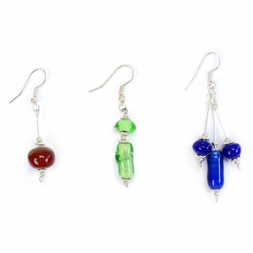 A picture of three different recycled glass motif earrings, there is a red one, green, and blue.
