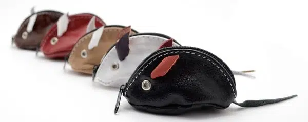 Mouse Coin Pouches in line showing metal ring eye and cute leather ears