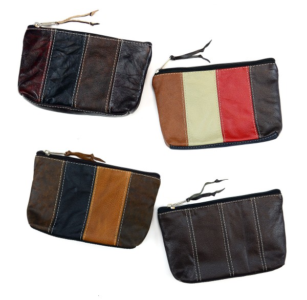 stripe leather cosmetic Purse with top zipper