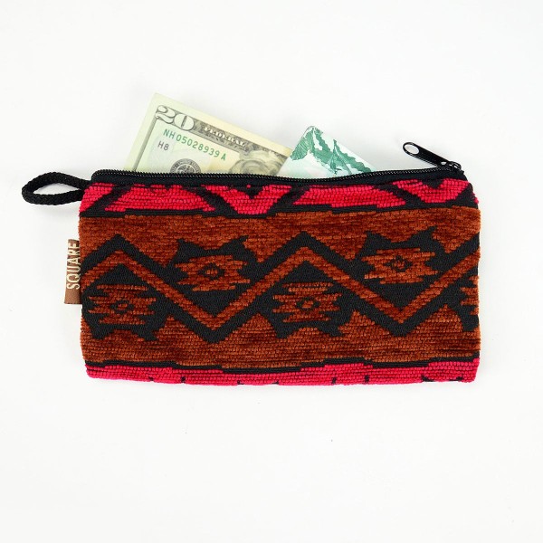 Red Chenille design fabric checkbook pouch with tribal patterns