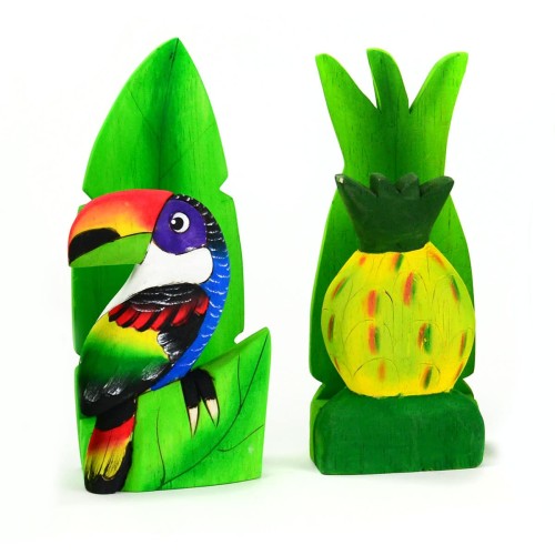 Two balsa napkin holder, one is a pineapple and a toucan