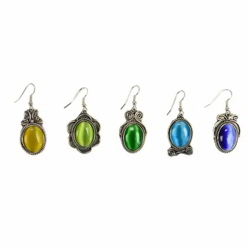 A picture of a wide verity of the cats eye earrings, they come in colors of yellow, lime, green, light blue, and blue.