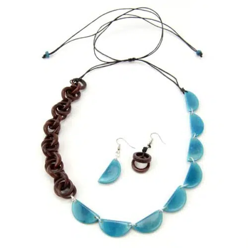 A picture of the balance set, half moon shapes made from tagua.