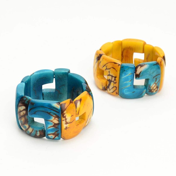 the link bracelet, is made from L shaped tagua beads, and it comes in a verity of bright colors, this color is turquoise and yellow.