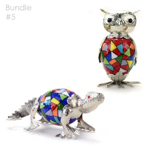 A bundle of two armored animal figurines, they are made from alpaca silver, and ceramic animals