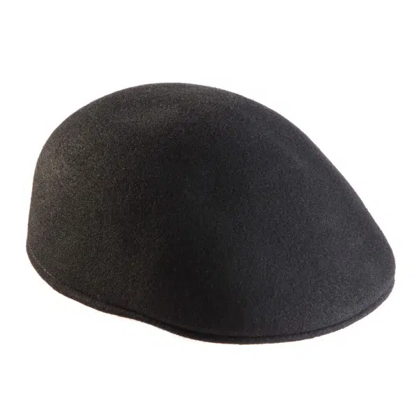 A close up of the wool flat cap in the color black