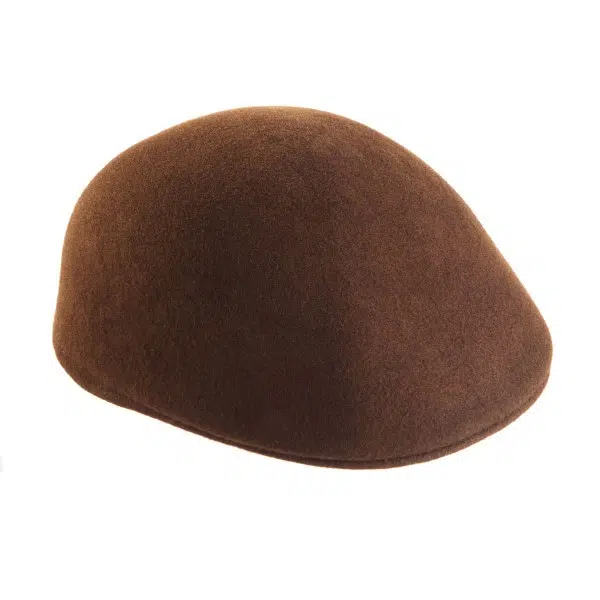 A close up of the wool flat cap showing off the simple hat