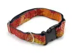 A close up of the kantha dog collar, the kantha dog collar is made from upcycled denim