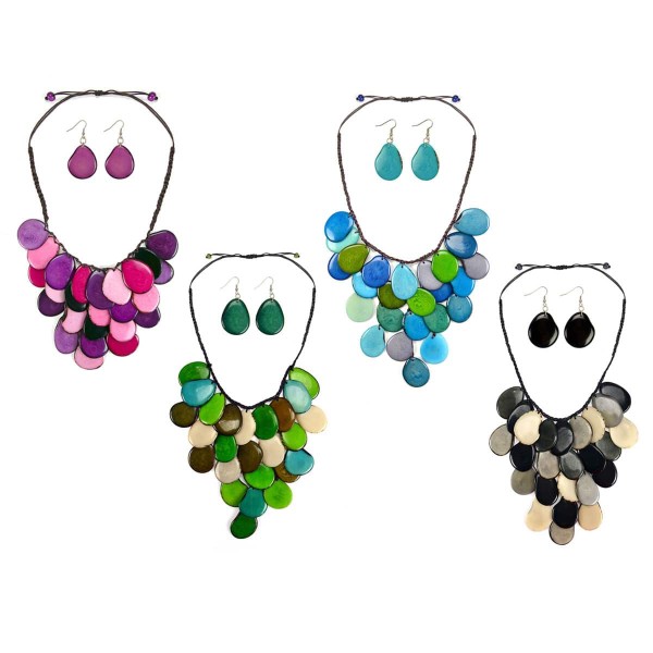 A picture of four different waterfall necklace, coming in colors of, purple, green, turquoise, and black.