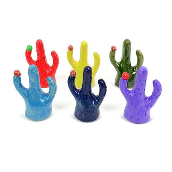 A picture of six different ring holder coming in colors of, red, yellow, green, blue, dark blue, and purple, and they all look like cactuses
