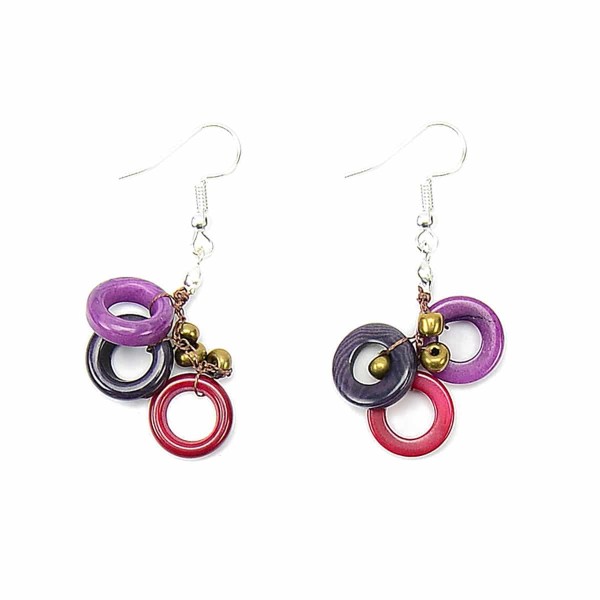 A set of the melody earrings, there rings are red, black, and purple.