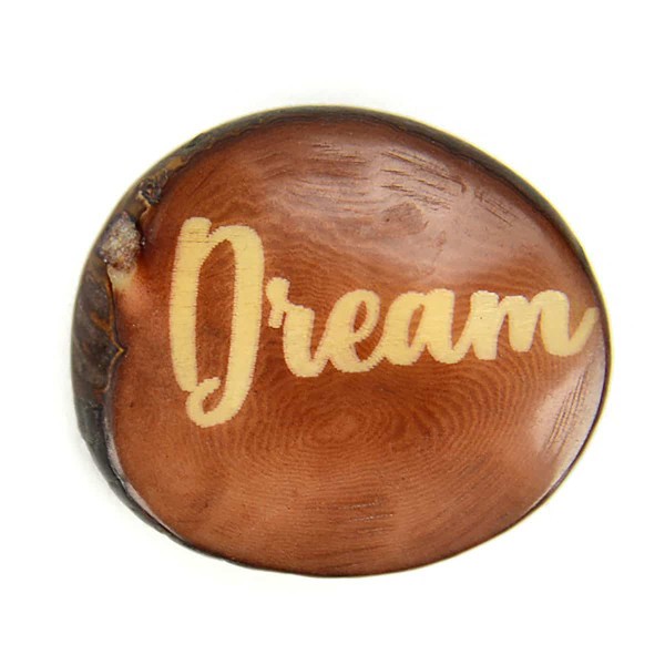 A tagua seed that says dream on it