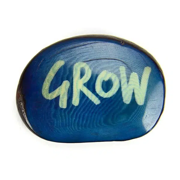 A tagua seed that says grow on it