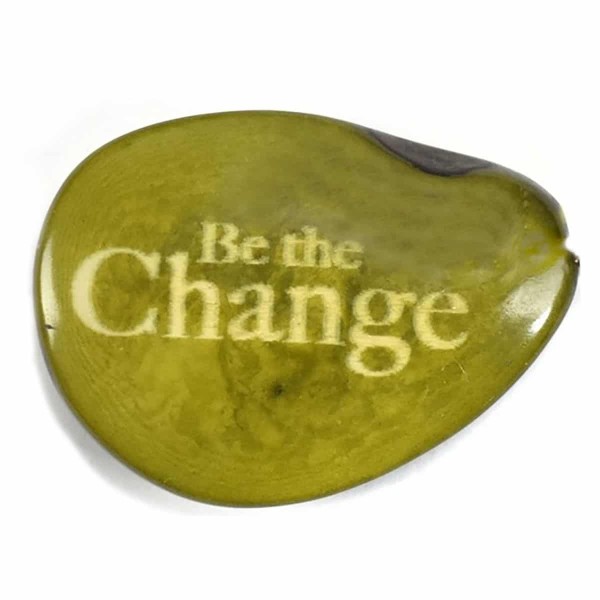 A tagua seed that says be the change on it