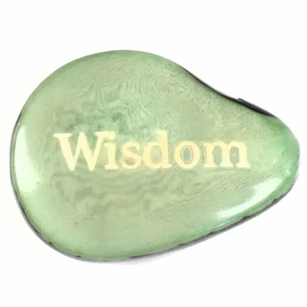 A tagua seed that says wisdom on it