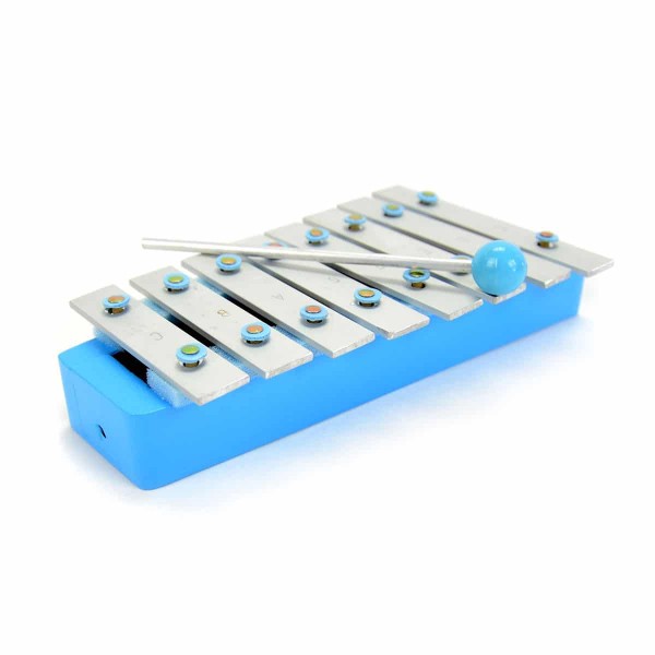 A close up of the blue xylophone