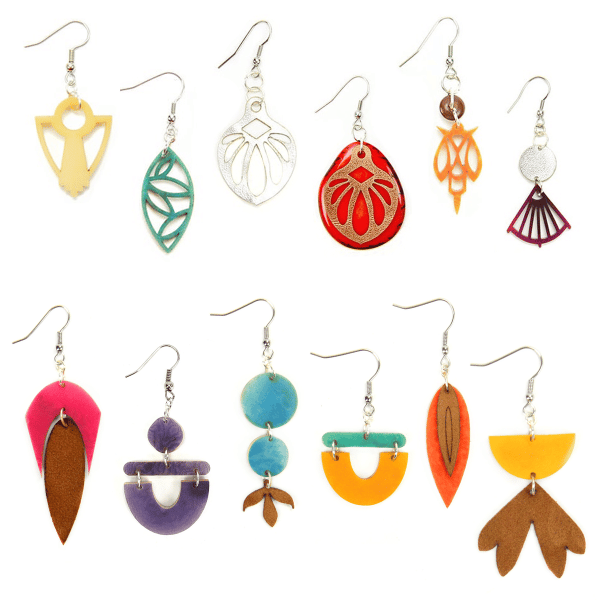 A verity of nouveau earrings, that come in a bunch of different shapes and sizes.