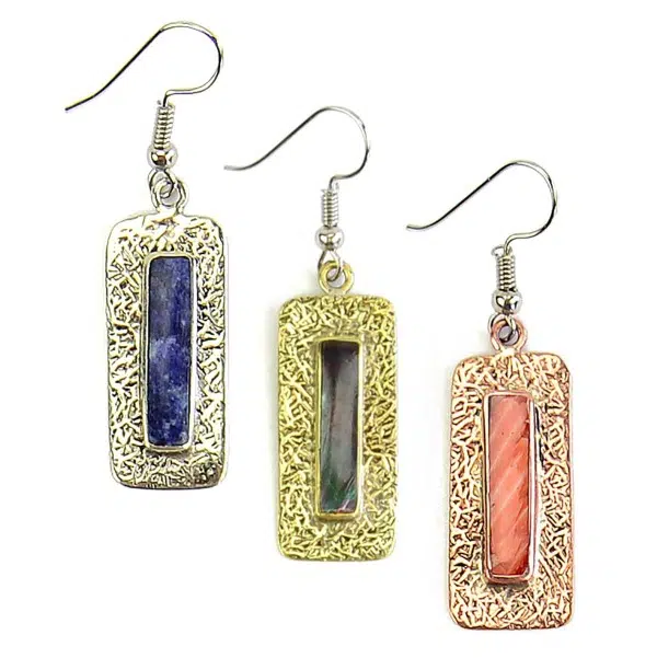 Three different stone bar earrings, three colors of the semi precious stone are, blue, black, pink.