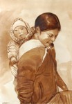 A mother and a child walking somewhere, this artwork was drawn on cotton fiber paper